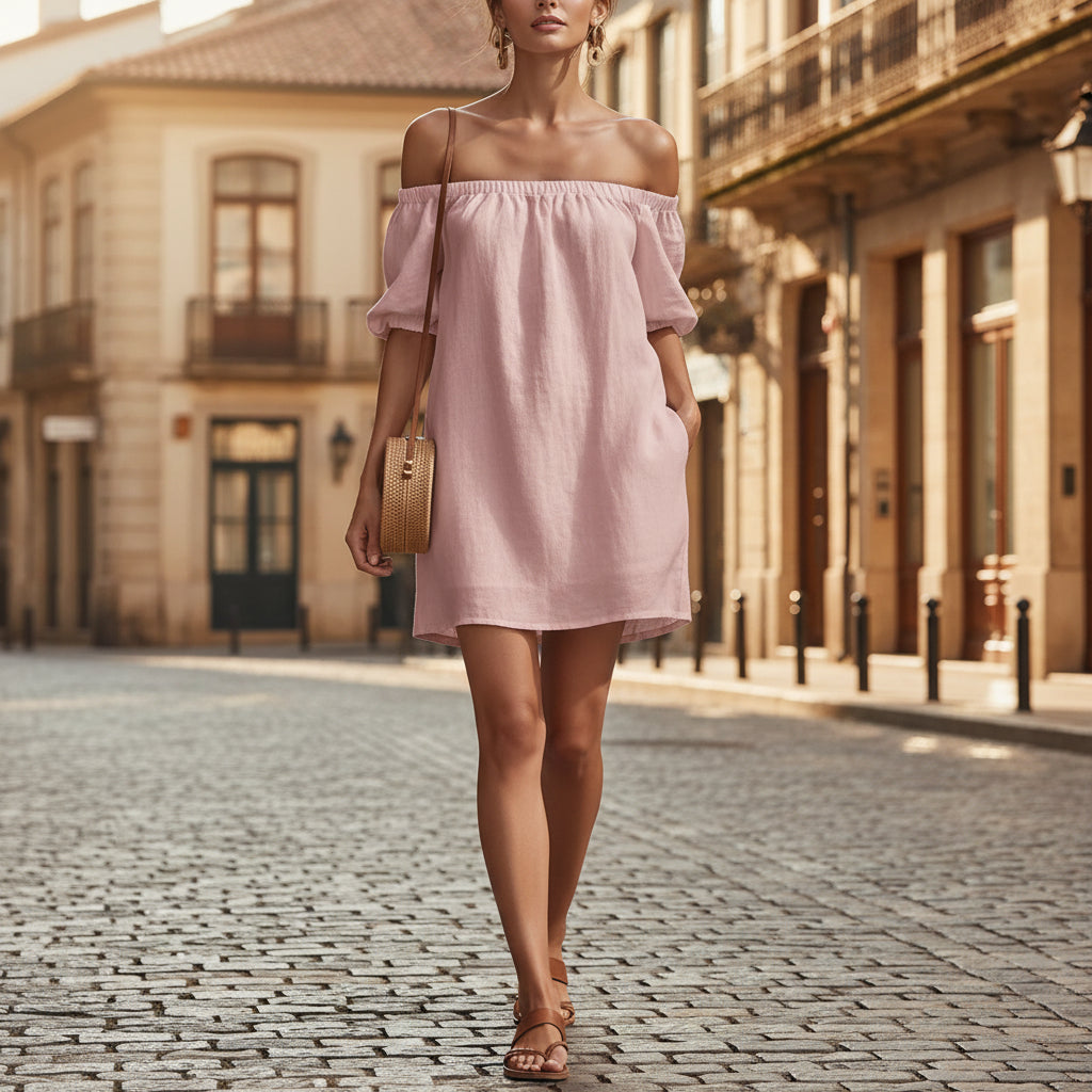 Cotton-linen Womens Off-shoulder Fashionable Loose-fitting Dress 