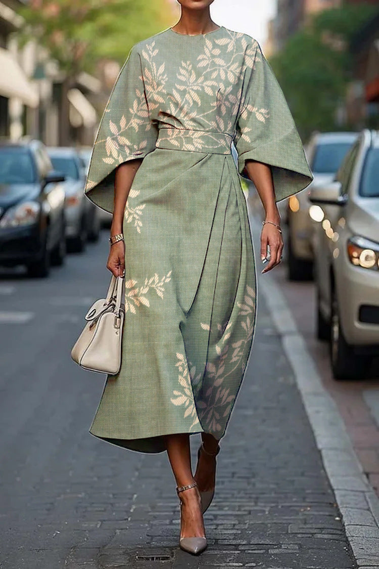 Women's Elegant Geometric Print Batwing Sleeve Round Neck Maxi Dress 