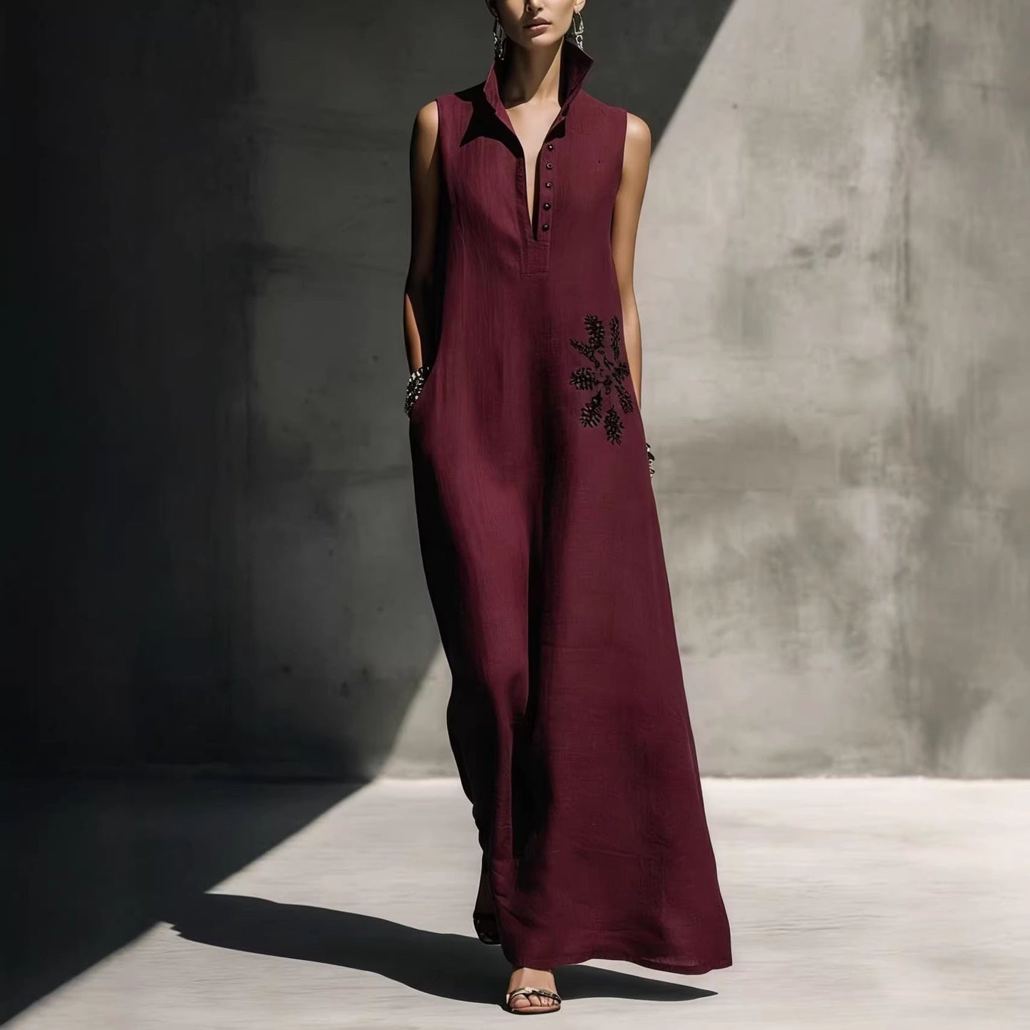 Heat-transfer Graphic Pocket Casual Mandarin-collar Cotton-linen Dress 