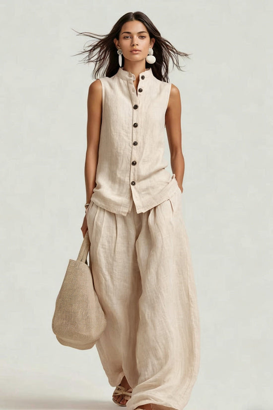 Stand-up Collar Sleeveless Shirt And High-waisted Wide-leg Pants Set 