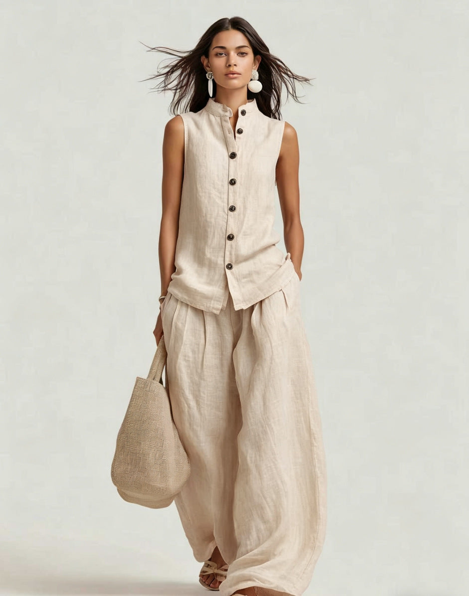 Stand-up Collar Sleeveless Shirt And High-waisted Wide-leg Pants Set 