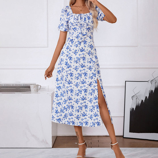 Square Neck Floral Print Dress With Puff Sleeves & Side Slit Maxi Dress CJ US