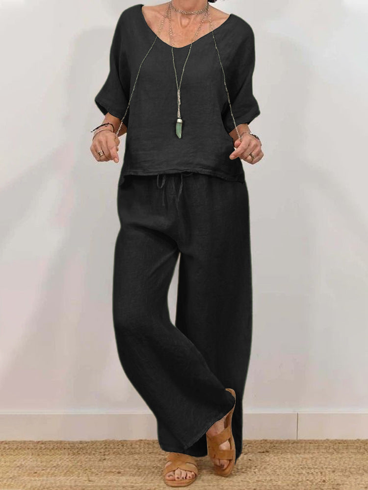 Womens Multi-Color Two-Piece Set Casual V-Neck Pullover With Three-Quarter Sleeves And Extended Pants 