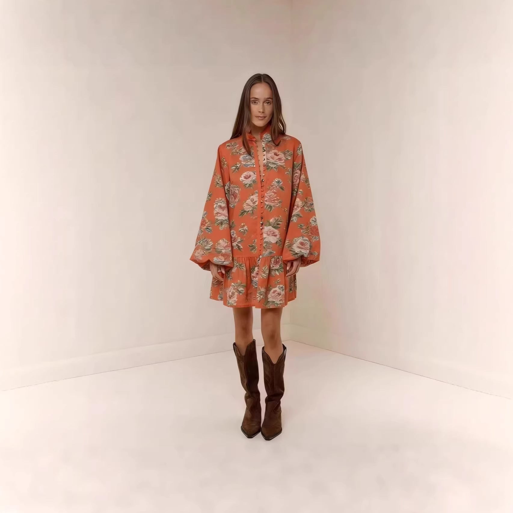 Digital-print Lantern Sleeve Linen Midi Dress 