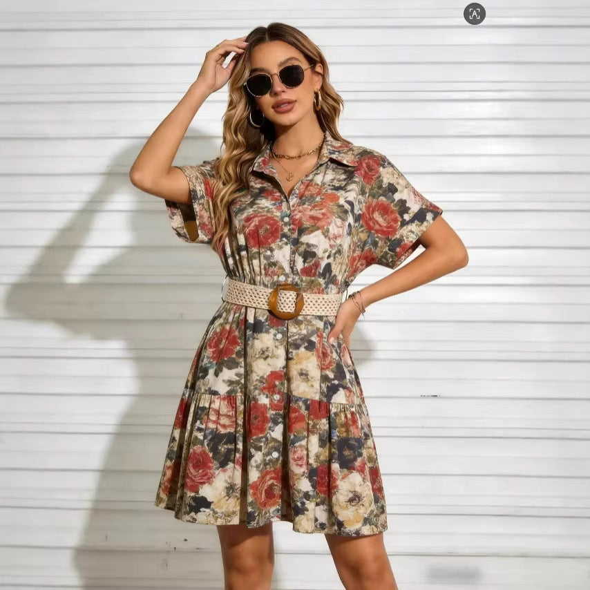 Womens Slimming Belt Short-Sleeve Dress 