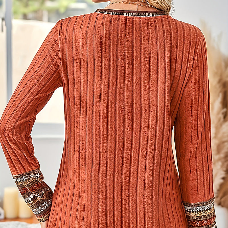 Women's Elegant Geometric Pattern Pullover - Lightweight Long Sleeve Button Blouse For Casual Outfits 