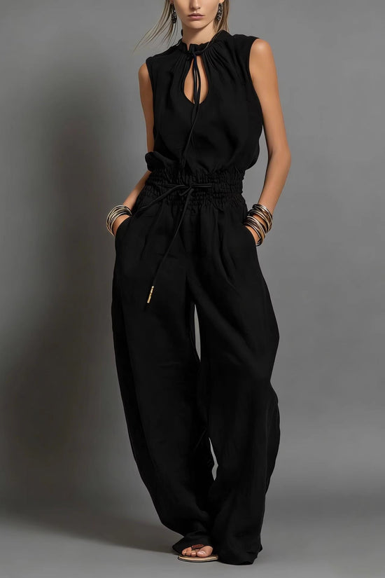 Personalized Street-style Loose-fitting Sleeveless Waist-cinching Wide-leg Jumpsuit 