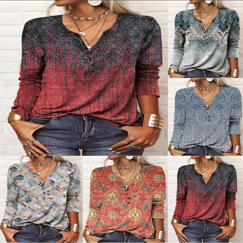 Women's Casual Ethnic Style V-neck Long-sleeved T-shirt 