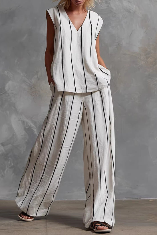 French Minimalist Black And White Vertical Stripe Loose Cotton-Linen Womens Set 
