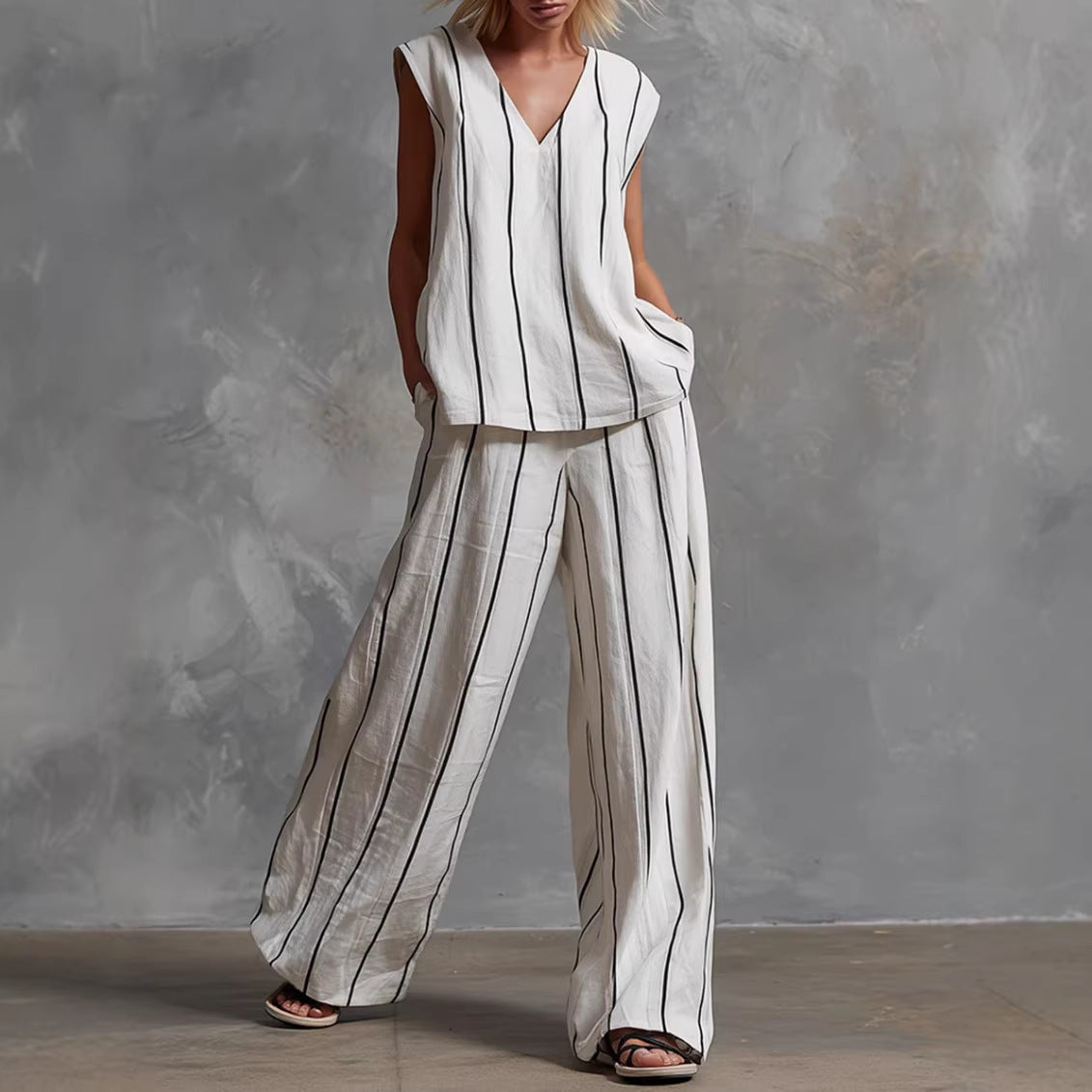 French Minimalist Black And White Vertical Stripe Loose Cotton-Linen Womens Set 