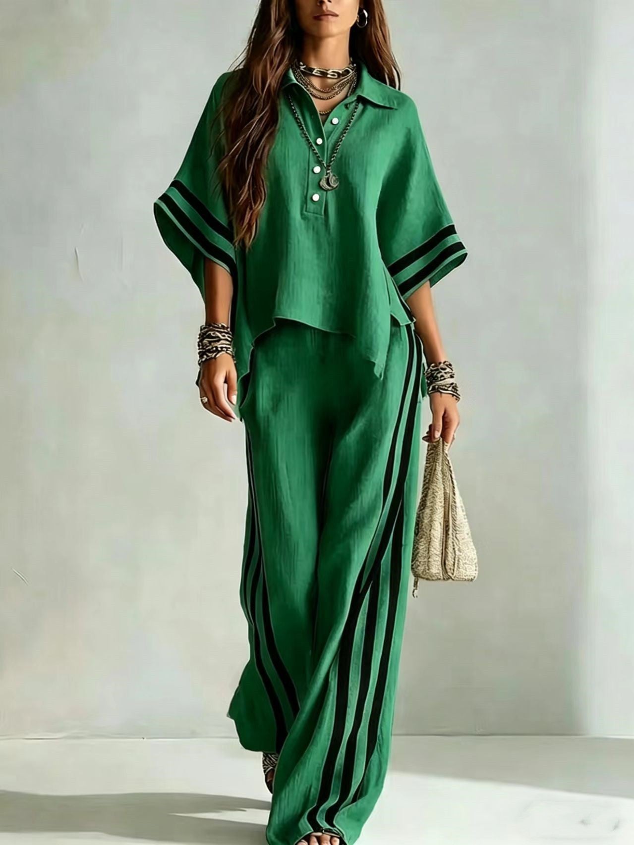 Womens Clothing Short-Sleeve Shirt And Loose Pants Two-Piece Set 