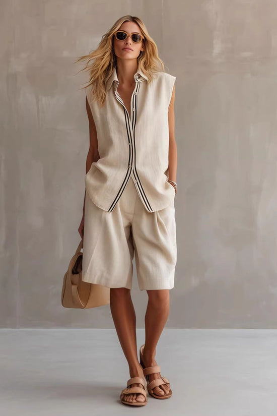Single-breasted Sleeveless Linen Shirt And Shorts Set 