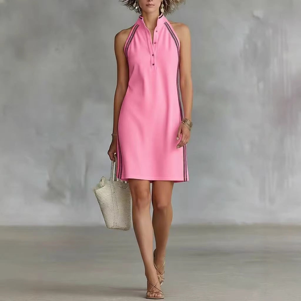 Solid-color Sleeveless Button-up Collar Dress 