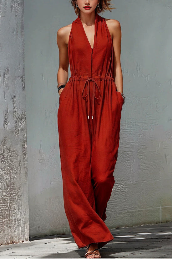 Womens Sleeveless Solid-Color Long Holiday Jumpsuit 