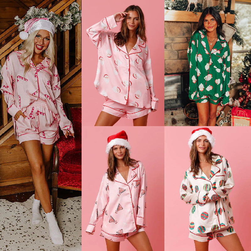 Satin Printed Santa Claus Two-piece Suit Home CJ