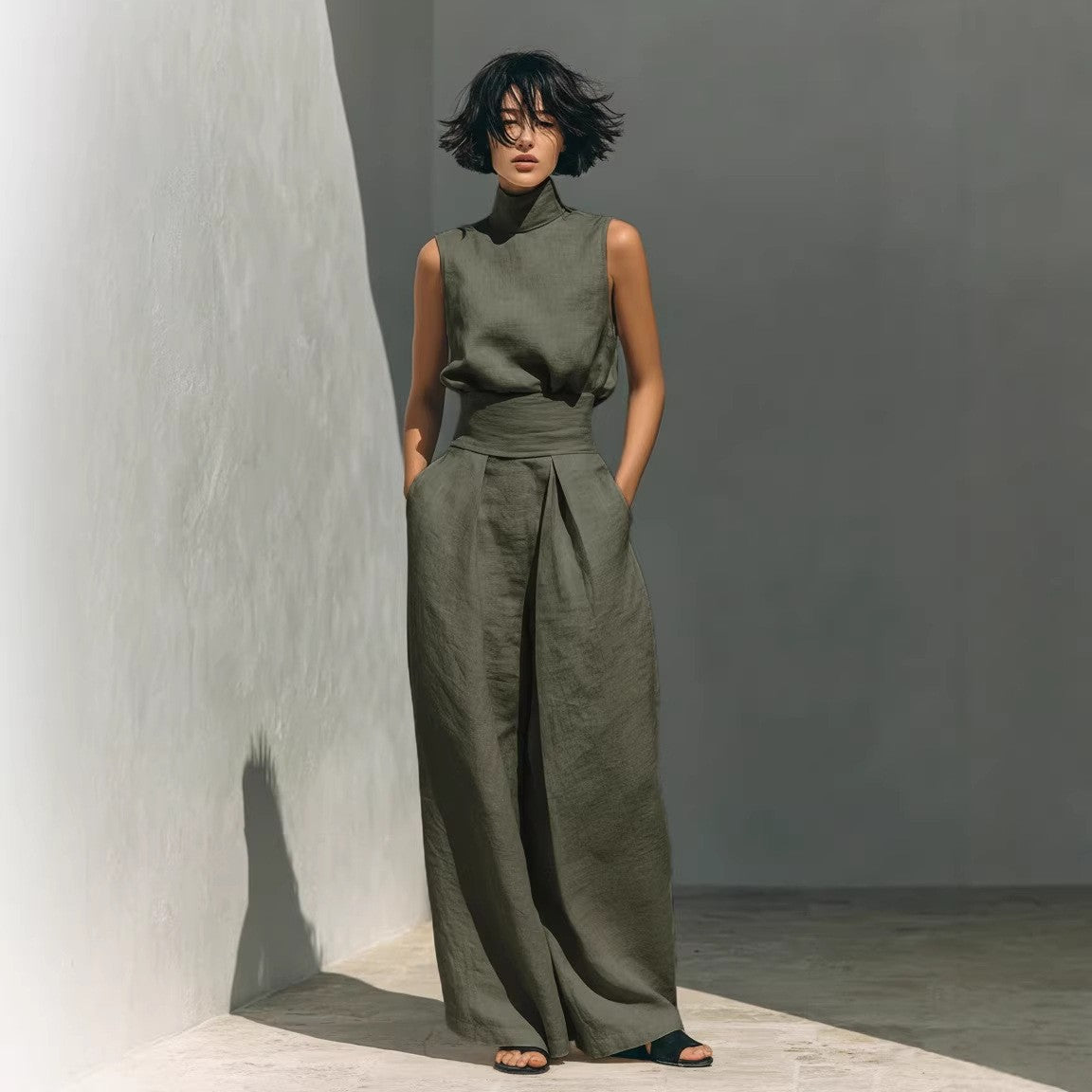 Womens Cotton-Linen Blend Sleeveless Top And Wide-Leg Pants Set 