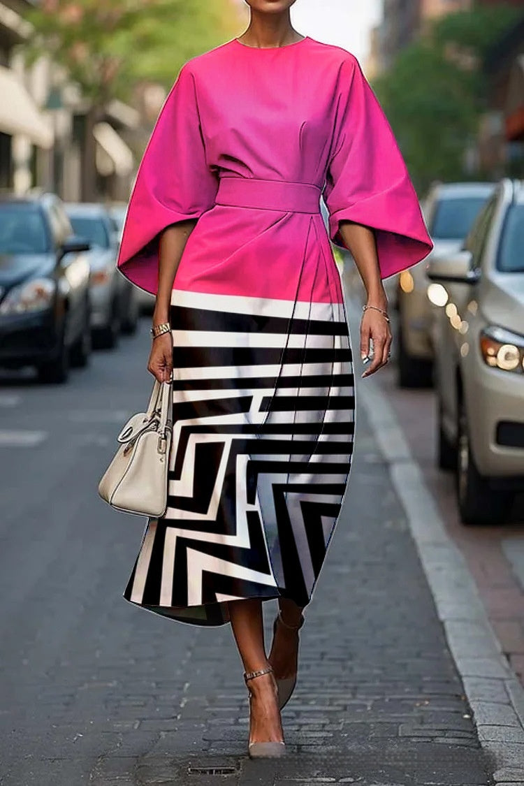 Women's Elegant Geometric Print Batwing Sleeve Round Neck Maxi Dress 