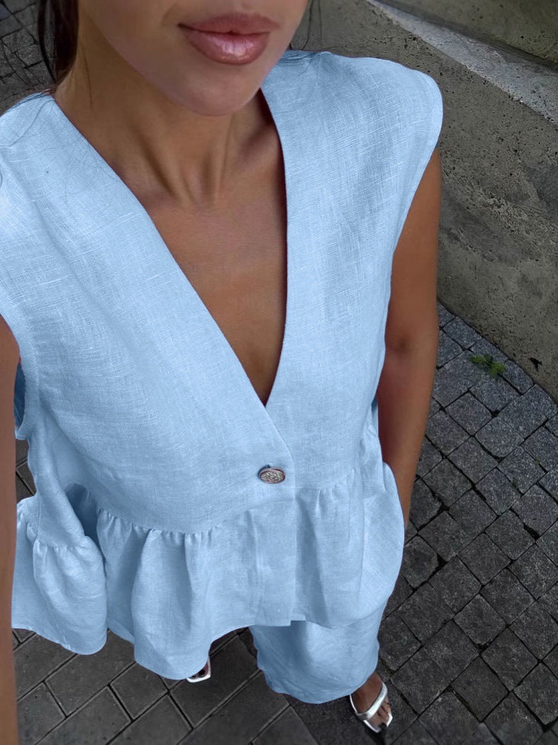 Womens Cotton V-Neck Sleeveless Vest And Wide-Leg Pants Set 