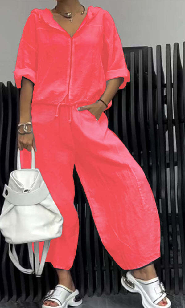 Cotton And Linen Womens Casual Fashion Long-Sleeve Top And Pants Two-Piece Set 