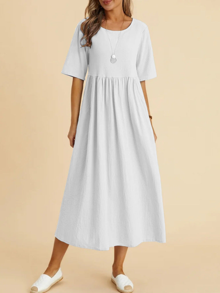 Plus Size Loose Cotton Linen Dress, Round Neck  Sleeve Midi Dress With Pockets 