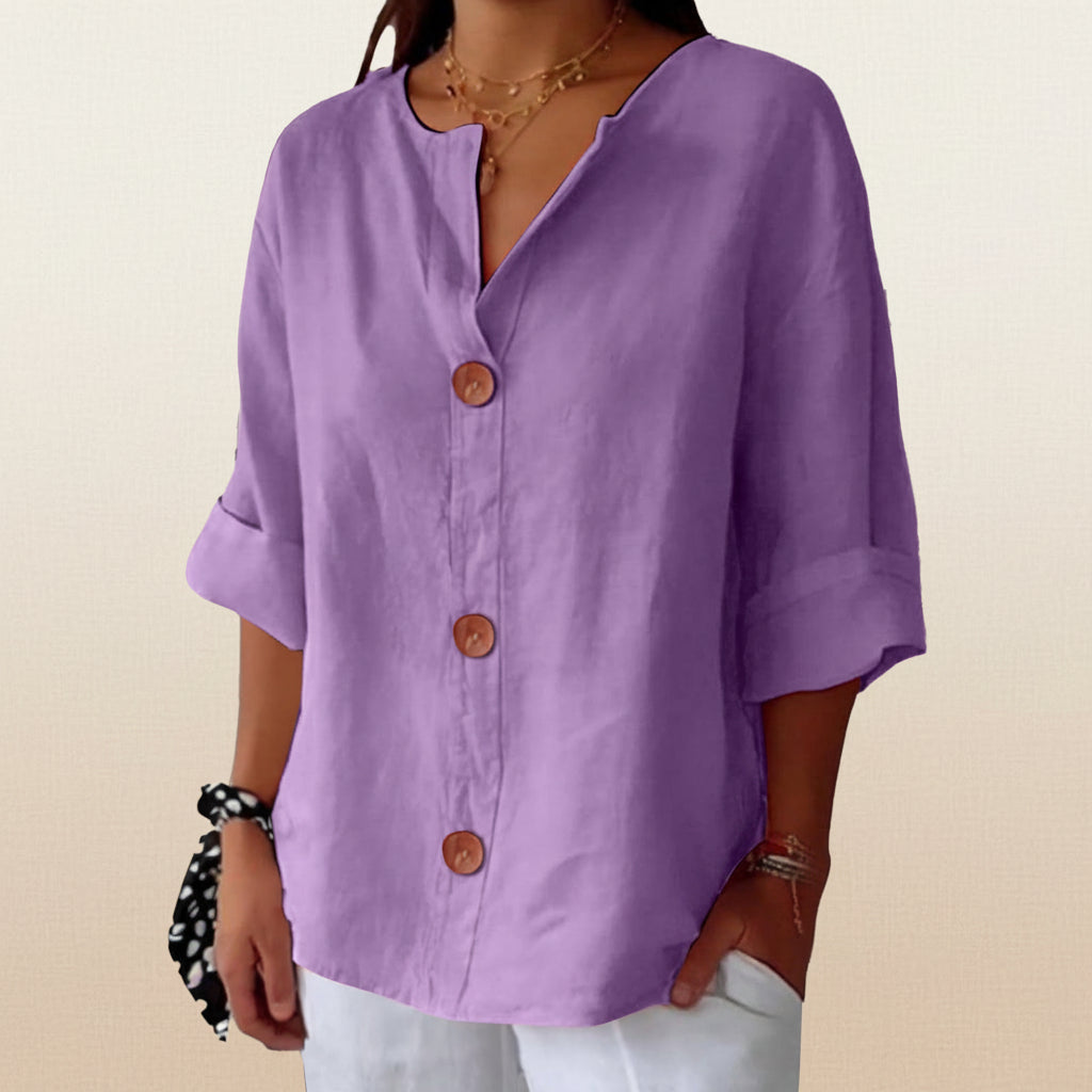 Women's V-neck cotton and linen buttoned blouse 