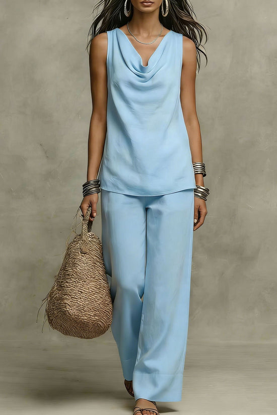 Womens Slash-Neck Sleeveless Tank Top And Casual Pants Set 