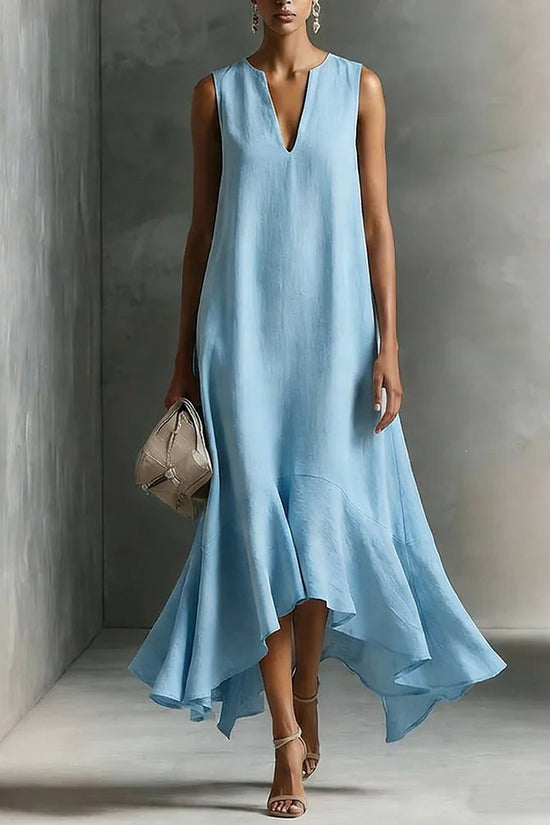 New Stylish Deep V-Neck Sleeveless Elegant Asymmetrical Hemline Dress 