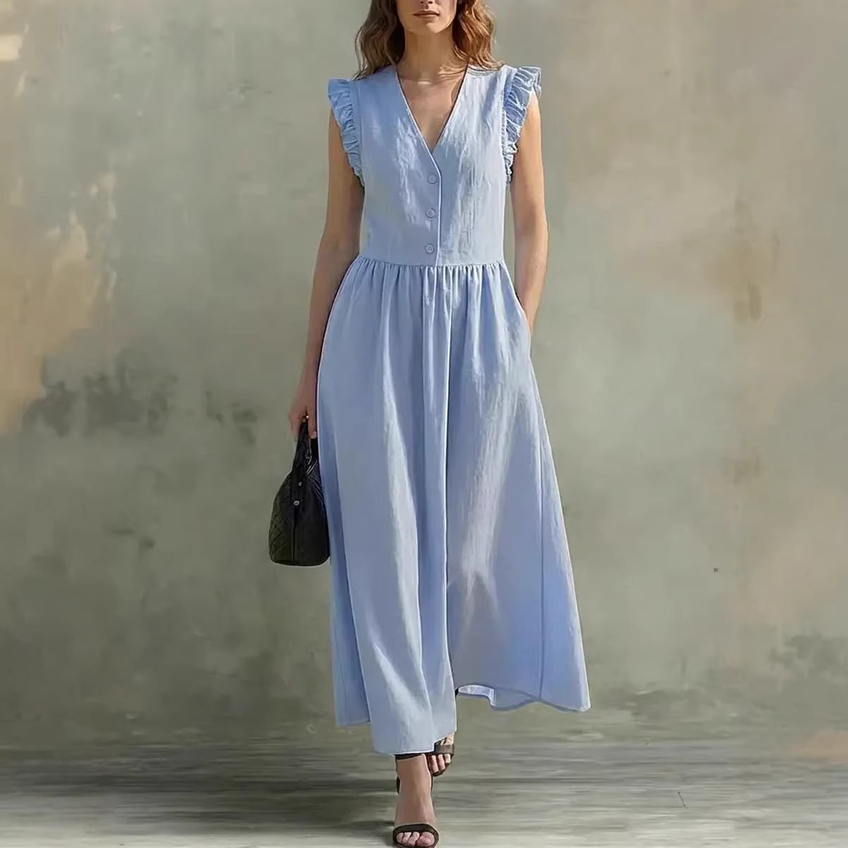 Casual Fashionable Elegant V-Neck Dress With Pockets 