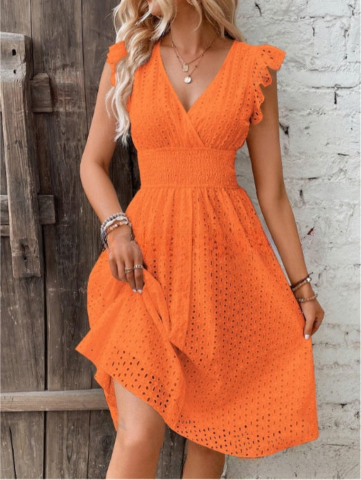 Waisted V-Neck Lace Midi Dress 