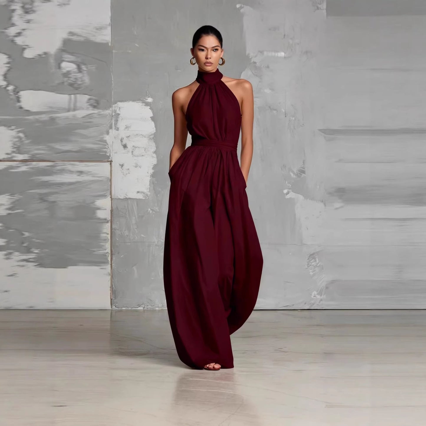 Fashionable And Elegant Belted Pleated Jumpsuit With A Cinched Waist 