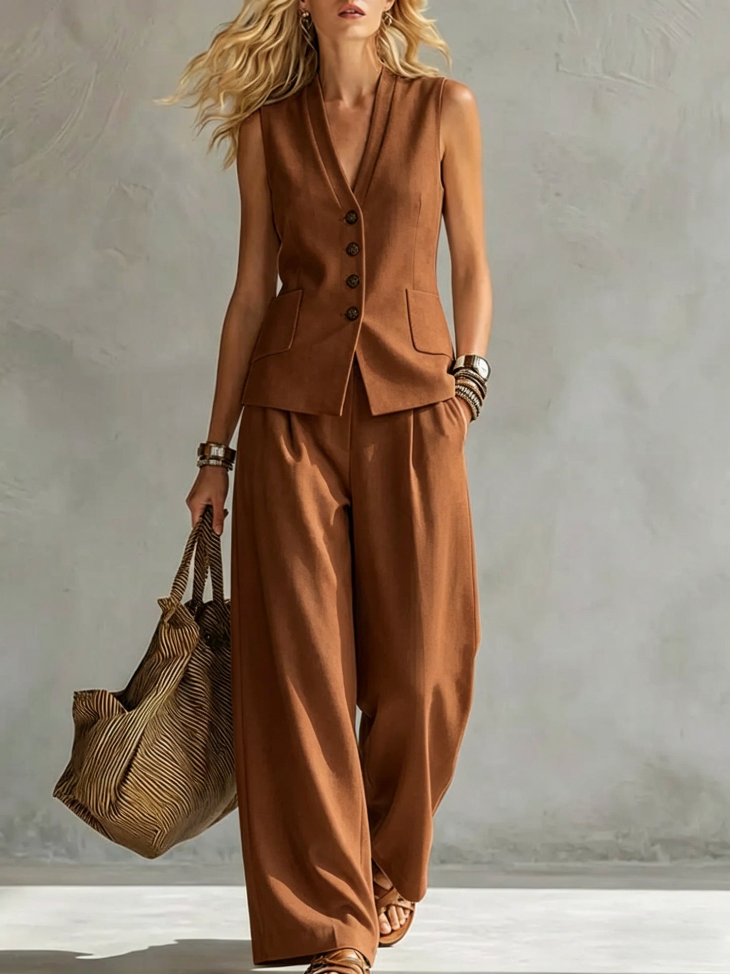 Womens Solid-Colored Sleeveless Casual Linen Tank Top And Pants Set 