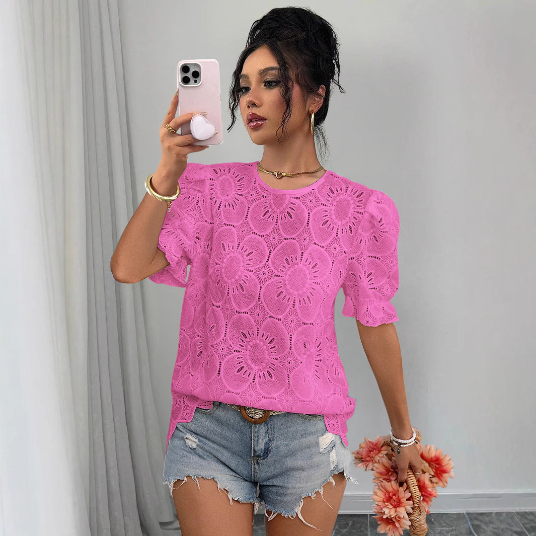 Casual Hollow-Out Lace Puff-Sleeve Shirt Top 