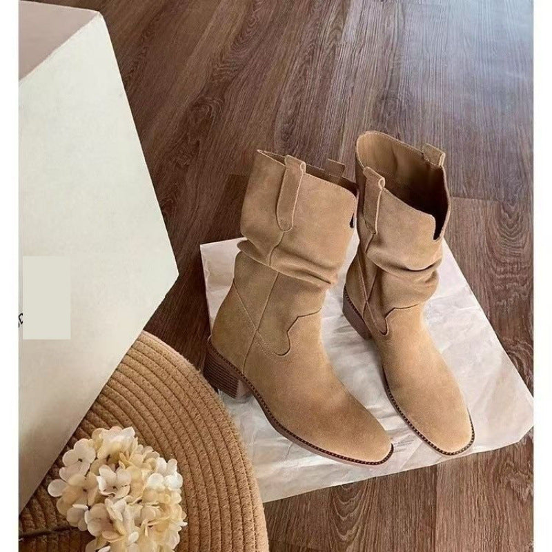Autumn Western Pleated Short Single Women's Pile Style Boots Diversi Fashion™