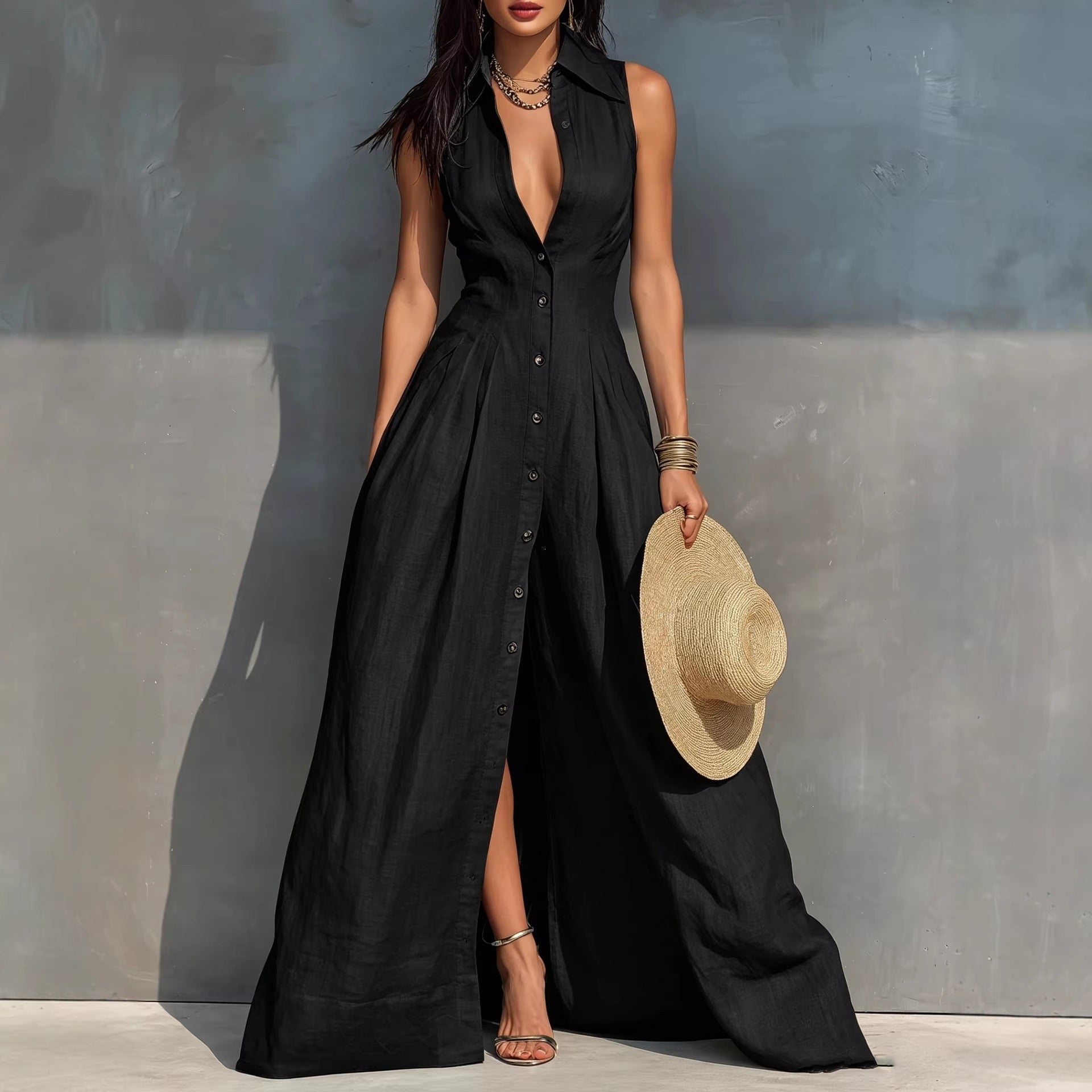 High-waisted Lapel Shirt-style Maxi Dress 
