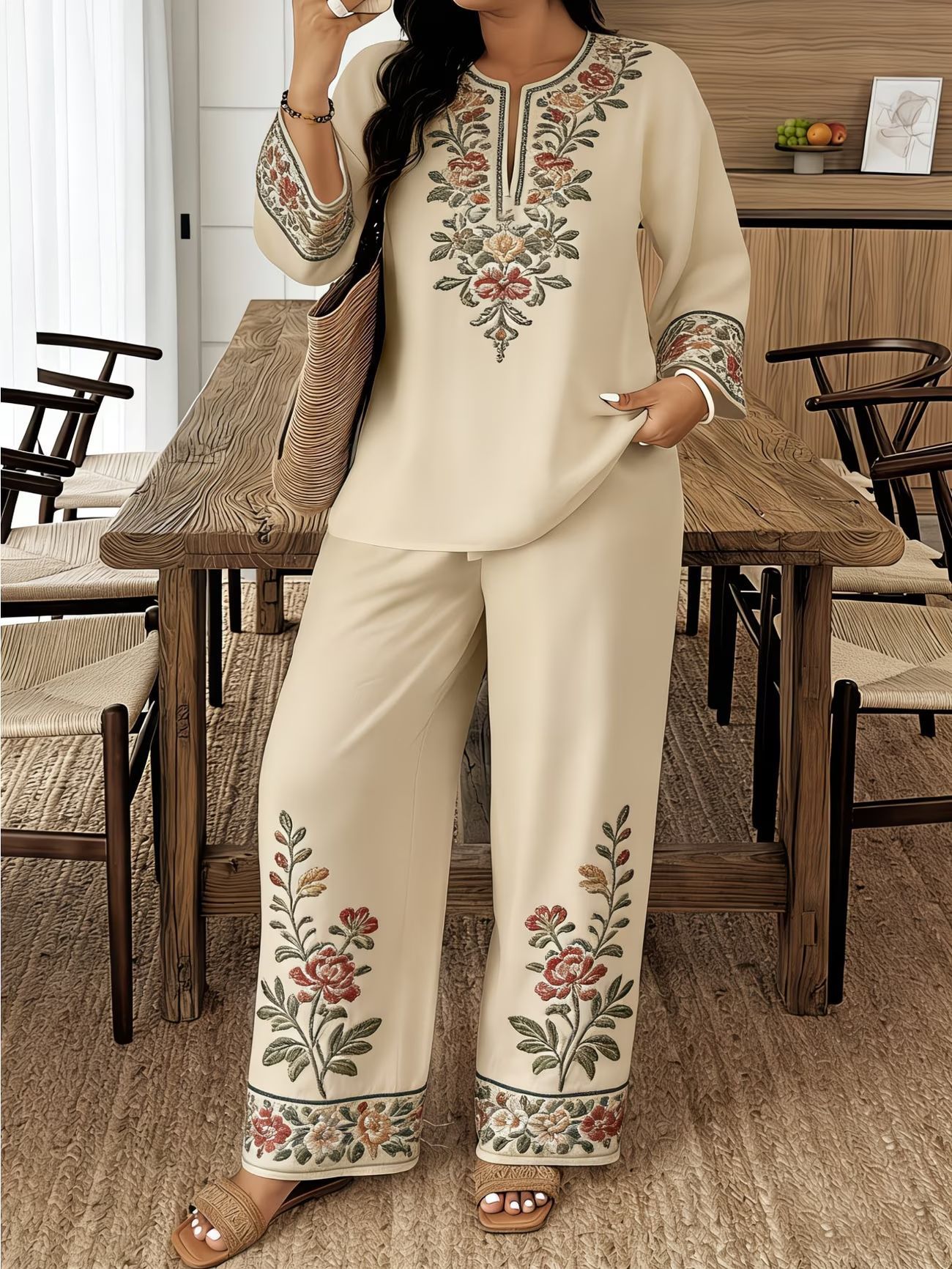 Long-sleeve Lace Floral Long-sleeve Ethnic-style Middle Eastern Set 
