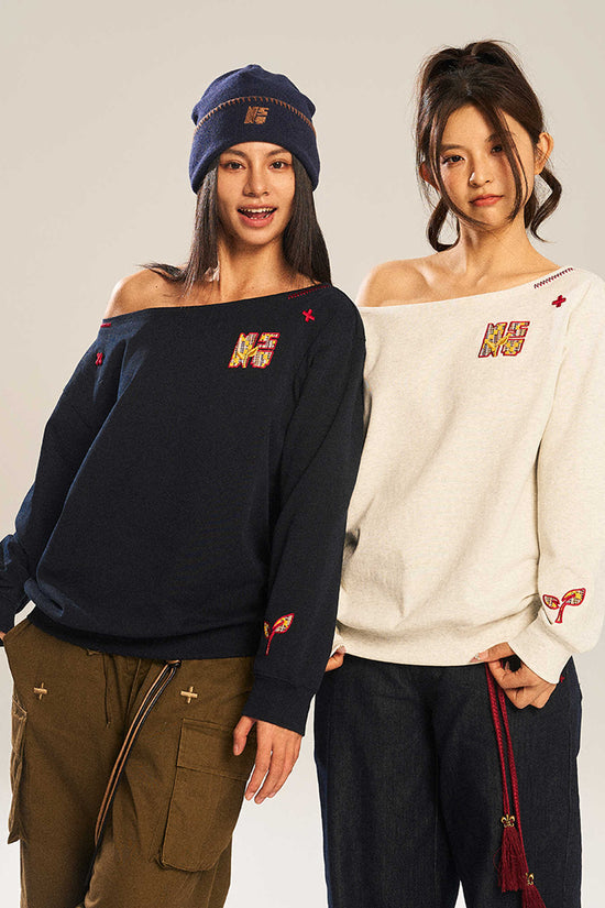 Women’s Slanted Shoulder Embroidered Long-Sleeve Top CJ