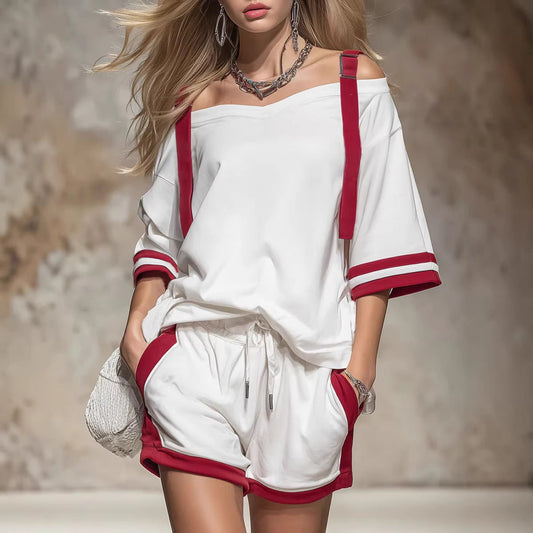 Summer Contrast-Colored Women's Patchwork Casual Shorts Set 
