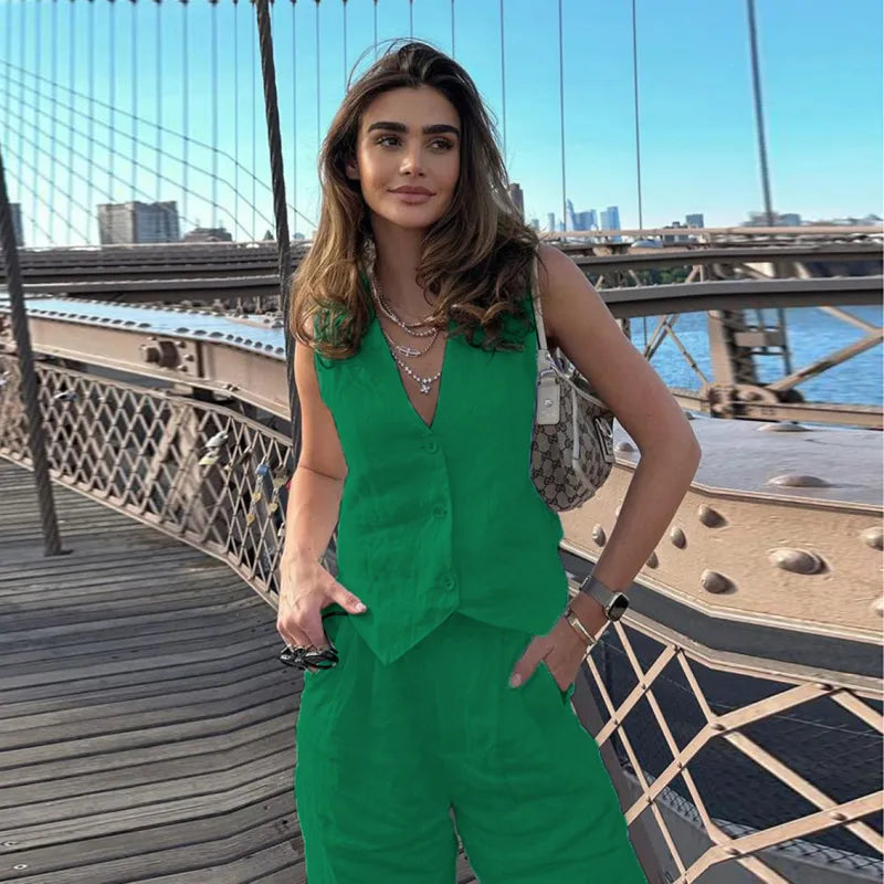 Women’s V‑Neck Button‑Front Vest & High‑Waist Pants Set 