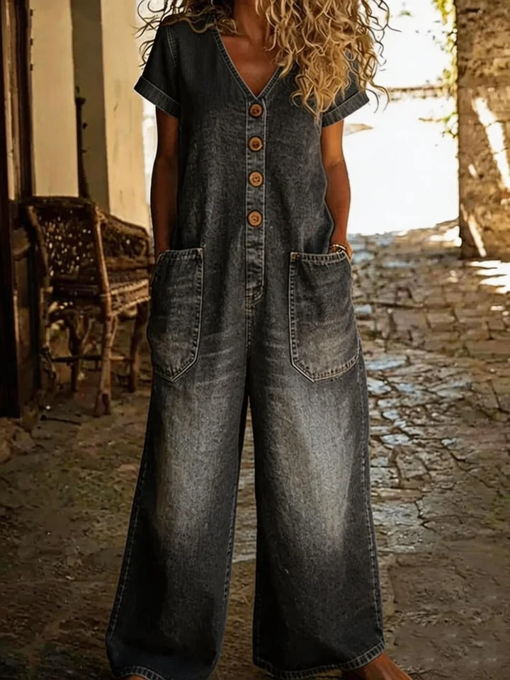 Womens Retro Summer Cotton-Linen Button-Pocket Comfortable Short-Sleeve Casual 