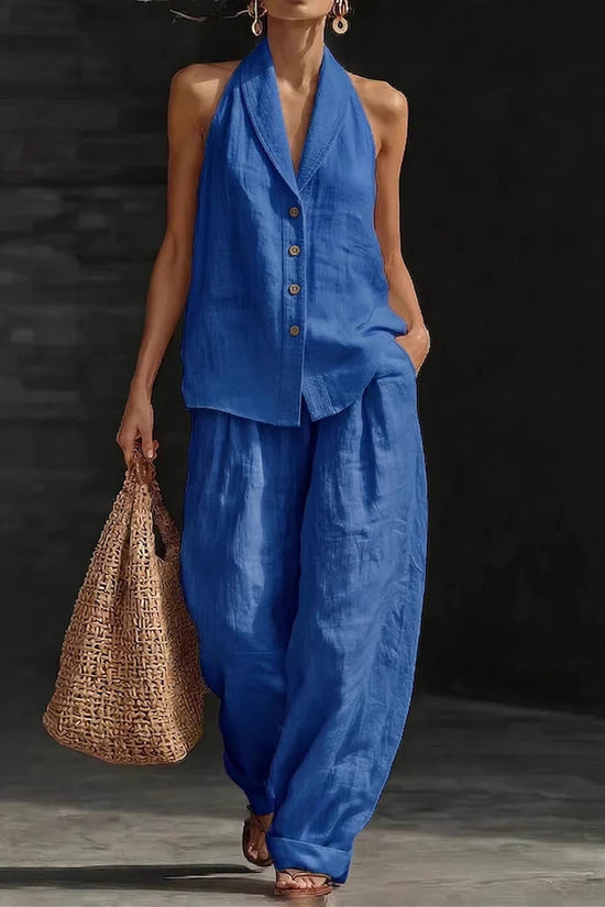 Wide-leg Pants Suit Womens Cotton-linen Fashionable Two-piece Set 