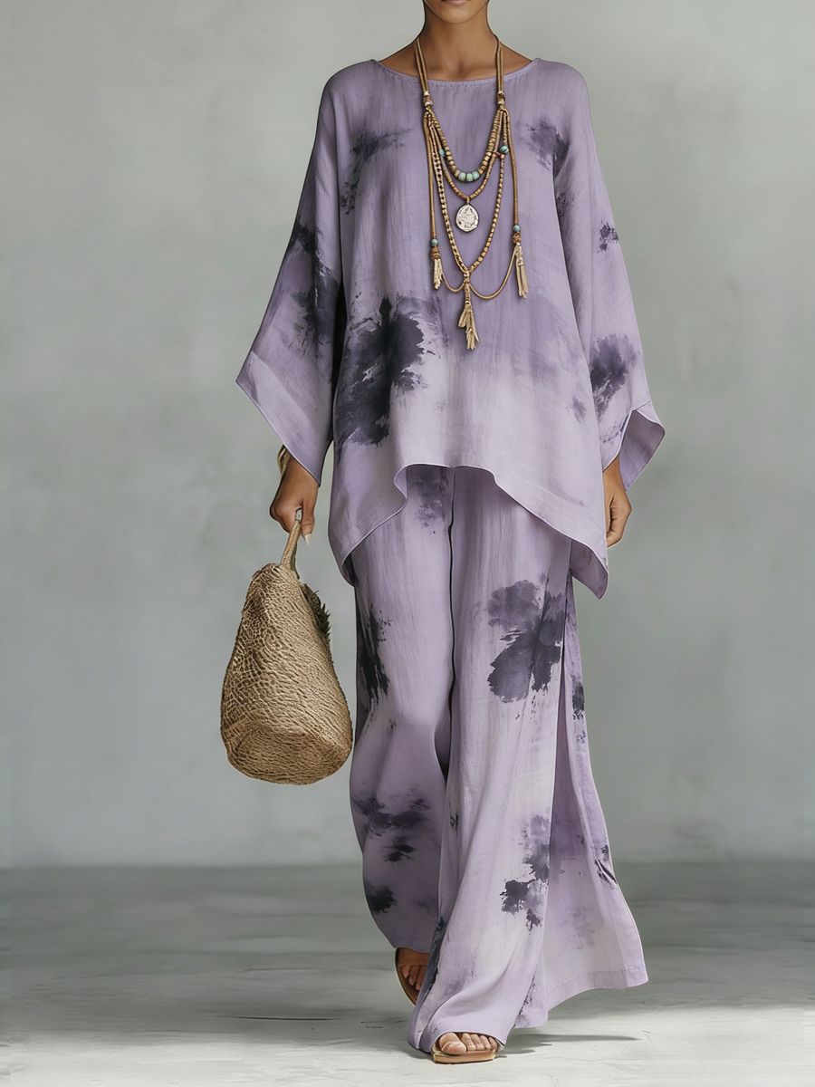 Women's Floral Print Linen Wide-Leg Two-Piece Set 