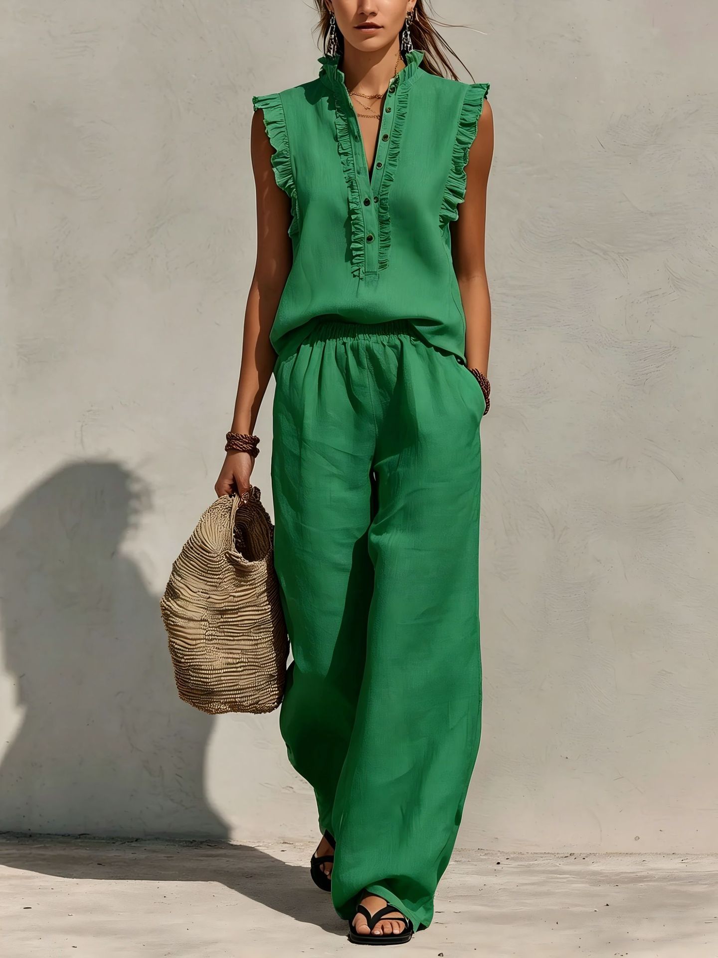 Sleeveless Ruffled V-neck Top And Elastic-waist Wide-leg Pants 