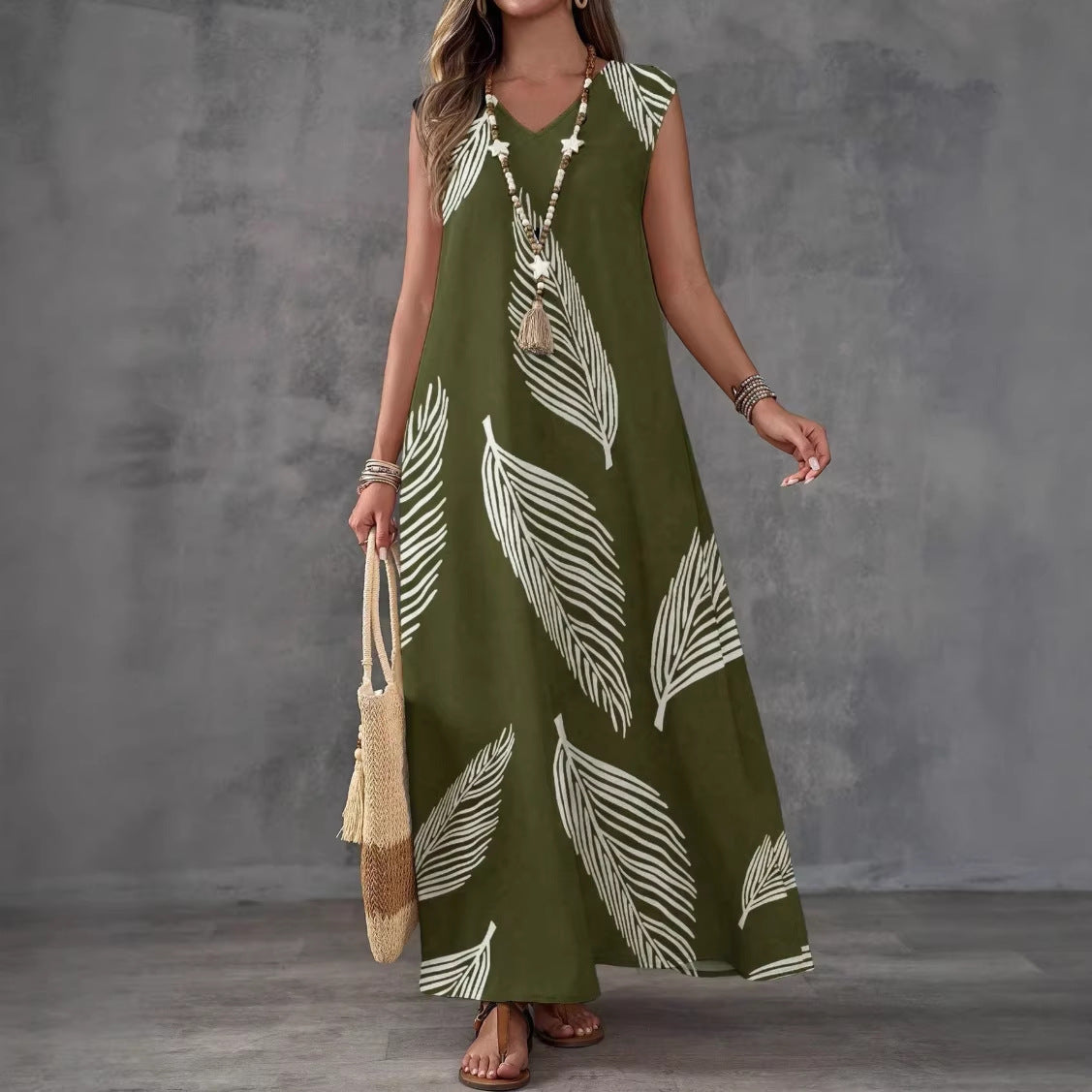 Summer Vacation Style Casual Printed V-Neck Dress 