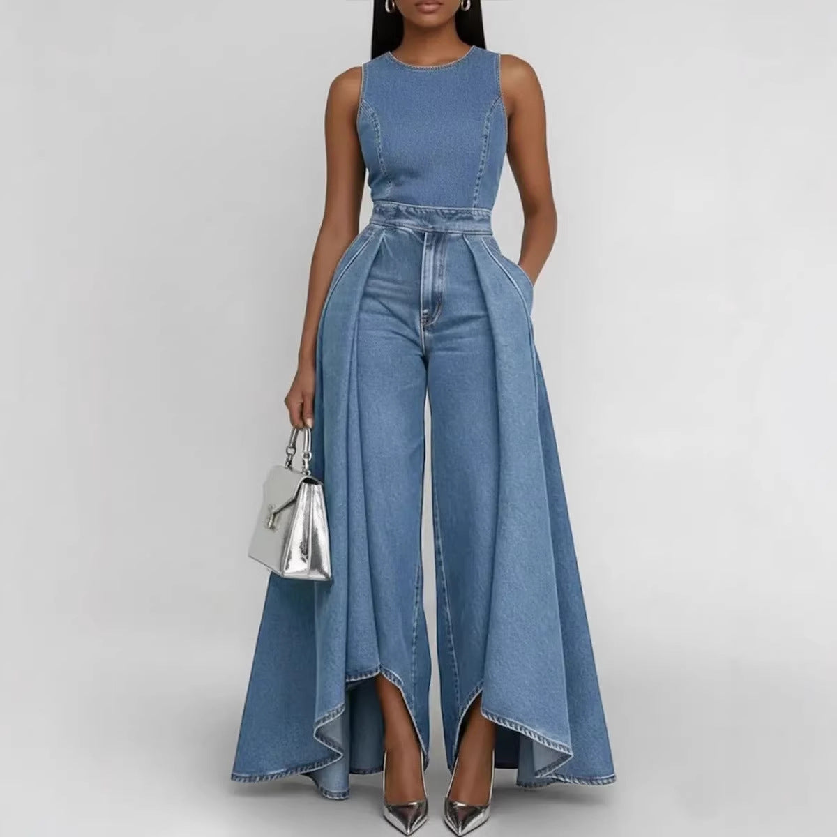 Crew-neck Sleeveless Casual Loose-fit Wide-leg Denim Jumpsuit 