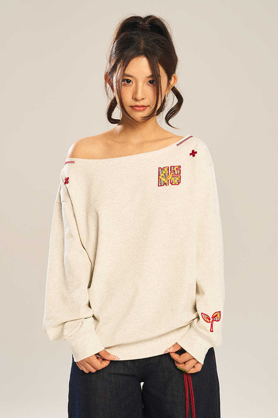Women’s Slanted Shoulder Embroidered Long-Sleeve Top CJ