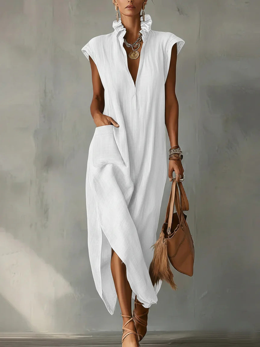 Women's Cotton-Linen Sleeveless Solid-Color Dress 