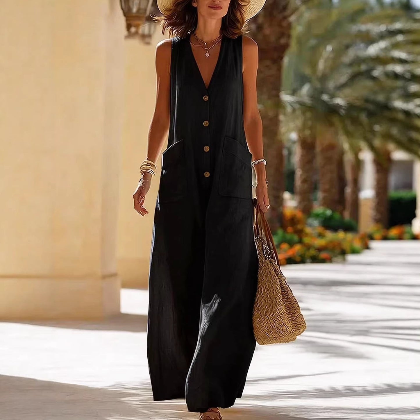 Simple And Comfortable Cotton-Linen Sleeveless Wide-Leg Jumpsuit With Button Pockets 