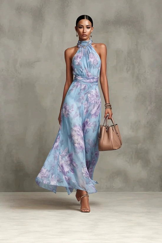 Neck-hanging Printed Chiffon Maxi Dress 