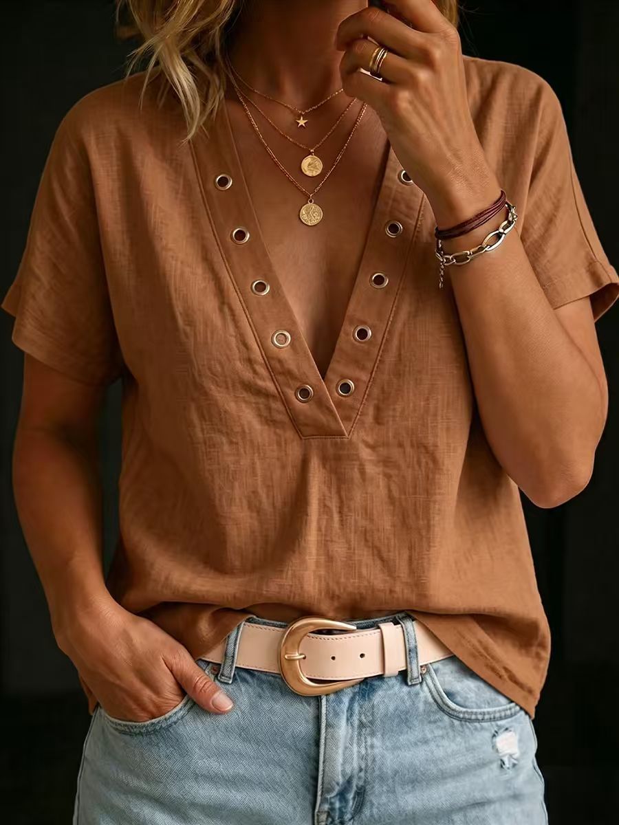 Loose-fitting Casual V-neck Short-sleeve Solid-color Womens Shirt 