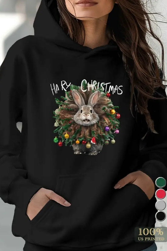 Women’s Hairy Christmas Bunny Hoodie – Funny Holiday Pullover Sweatshirt CJ US